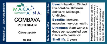 Uses: Inhalation. Diluted. Evaporation. Diffusion. Skincare. Massage. Undiluted. Benefits: Immune, muscular, nervous health. Directions: Start with 2-5 drops per suggested use. Dilute with carrier oil. Citrus hystrix. COMBAVA PETITGRAIN. 10 mL. Bottled in the USA. Lot Number. Shelf life: 2 years. Precautions: For external use only. Avoid contact with eyes, inner ears, and sensitive areas. Discontinue if signs of irritation or rash appear. Keep out of reach of children.