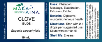 CLOVE BUDS Eugenia caryophyllata 10mL. Uses: Inhalation. Massage. Evaporation. Diffusion. Diluted. Benefits: Digestive, muscular, nervous health. Directions: Start with 2-5 drops per suggested use. Dilute with carrier oil. Shelf life: 2 yearsPrecautions: For external use only. Avoid contact with eyes, inner ears, and sensitive areas. Discontinue if signs of irritation or rash appear. Keep out of reach of children.
