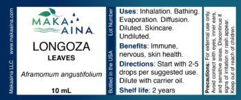 LONGOZA LEAVES. Aframomum angustifolium. 10mL. Uses: Inhalation. Bathing. Evaporation. Diffusion. Diluted. Skincare. Undiluted. Benefits: Immune, nervous, skin health. Directions: Start with 2-5 drops per suggested use. Dilute with carrier oil. Shelf life: 2 yearsPrecautions: For external use only. Avoid contact with eyes, inner ears, and sensitive areas. Discontinue if signs of irritation or rash appear. Keep out of reach of children