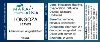 LONGOZA LEAVES. Aframomum angustifolium. 10mL. Uses: Inhalation. Bathing. Evaporation. Diffusion. Diluted. Skincare. Undiluted. Benefits: Immune, nervous, skin health. Directions: Start with 2-5 drops per suggested use. Dilute with carrier oil. Shelf life: 2 yearsPrecautions: For external use only. Avoid contact with eyes, inner ears, and sensitive areas. Discontinue if signs of irritation or rash appear. Keep out of reach of children